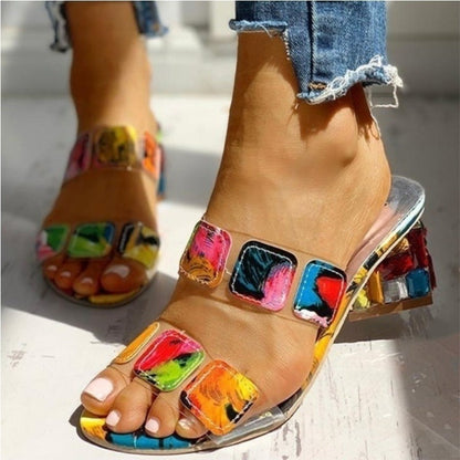 Sandalias Tacón Alto Mujer Estampado Colorido