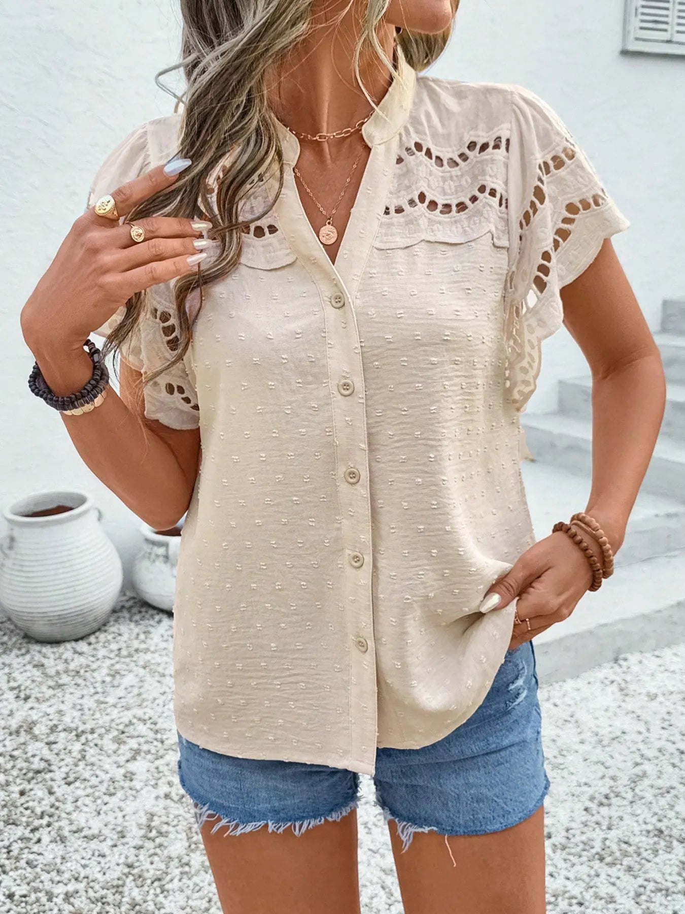 Blusa Clásica de Puntos Botones Delanteros