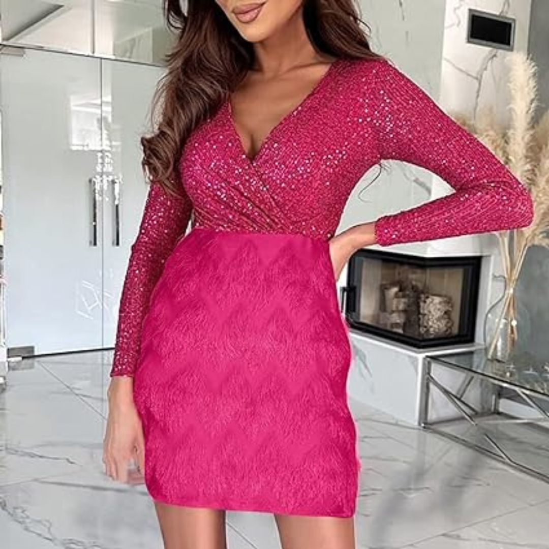 Vestido de Noche Brillante con Cuello en V - Vestiria