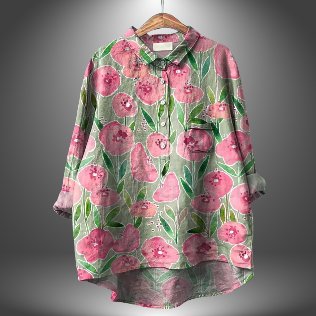 Blusa suelta de mujer estampada colorida cuello redondo