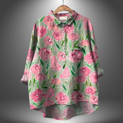 Blusa suelta de mujer estampada colorida cuello redondo
