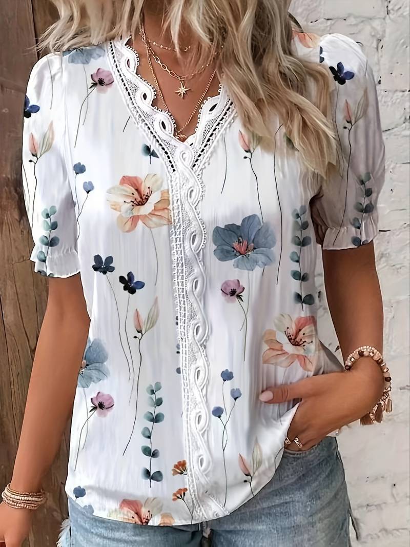 Blusa Floral Mujer Elegante Cuello Pico - Vestiria
