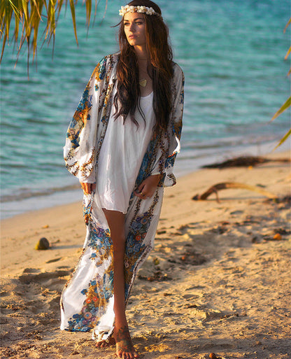 Kimono Mujer Estampado Floral Elegante Largo