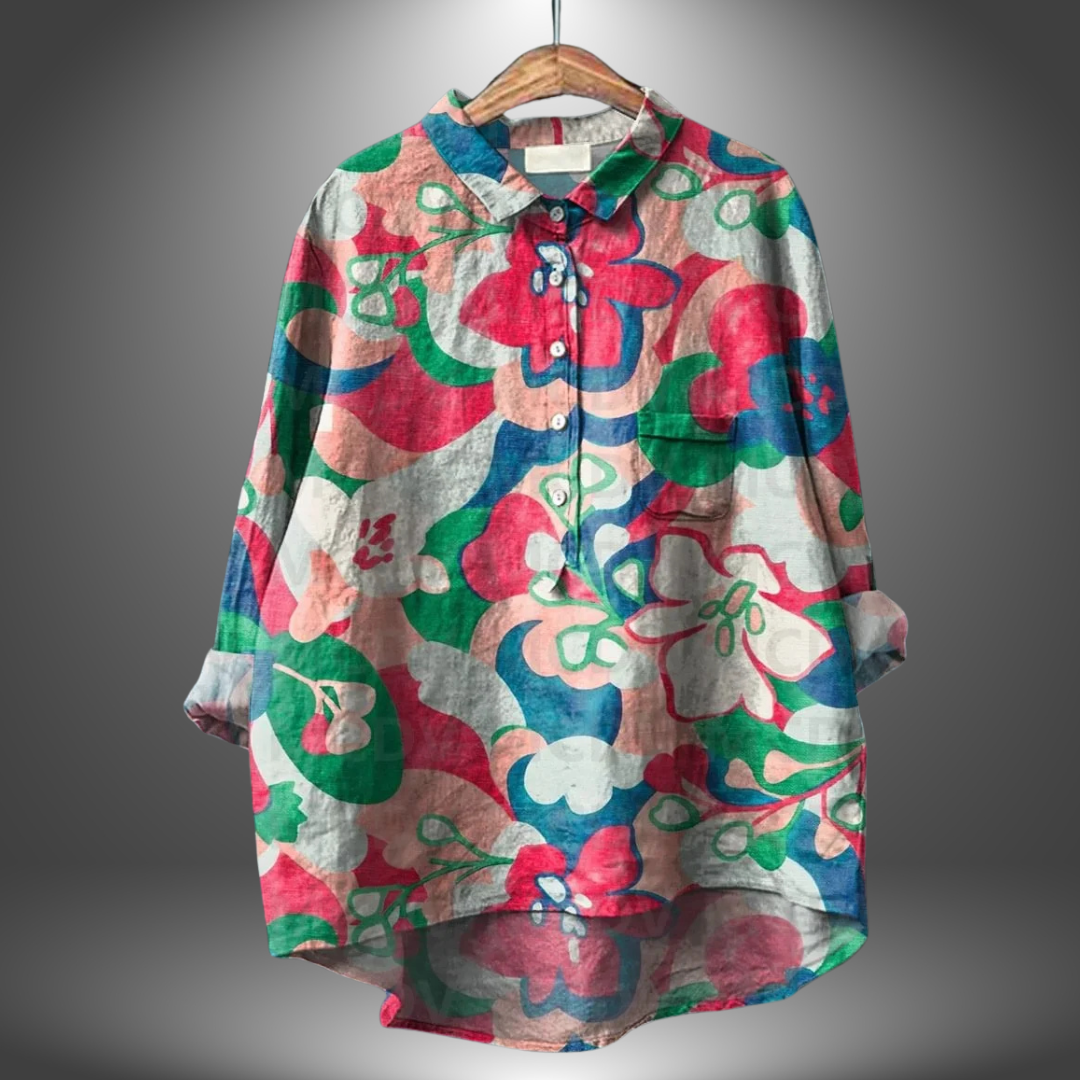 Blusa suelta de mujer estampada colorida cuello redondo