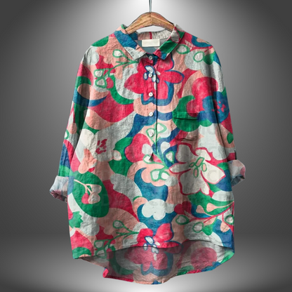 Blusa suelta de mujer estampada colorida cuello redondo