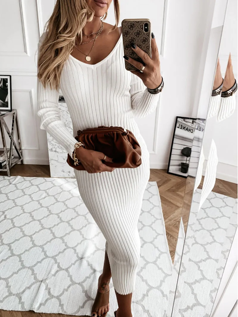 Vestido Punto Mujer Cuello V Manga Larga