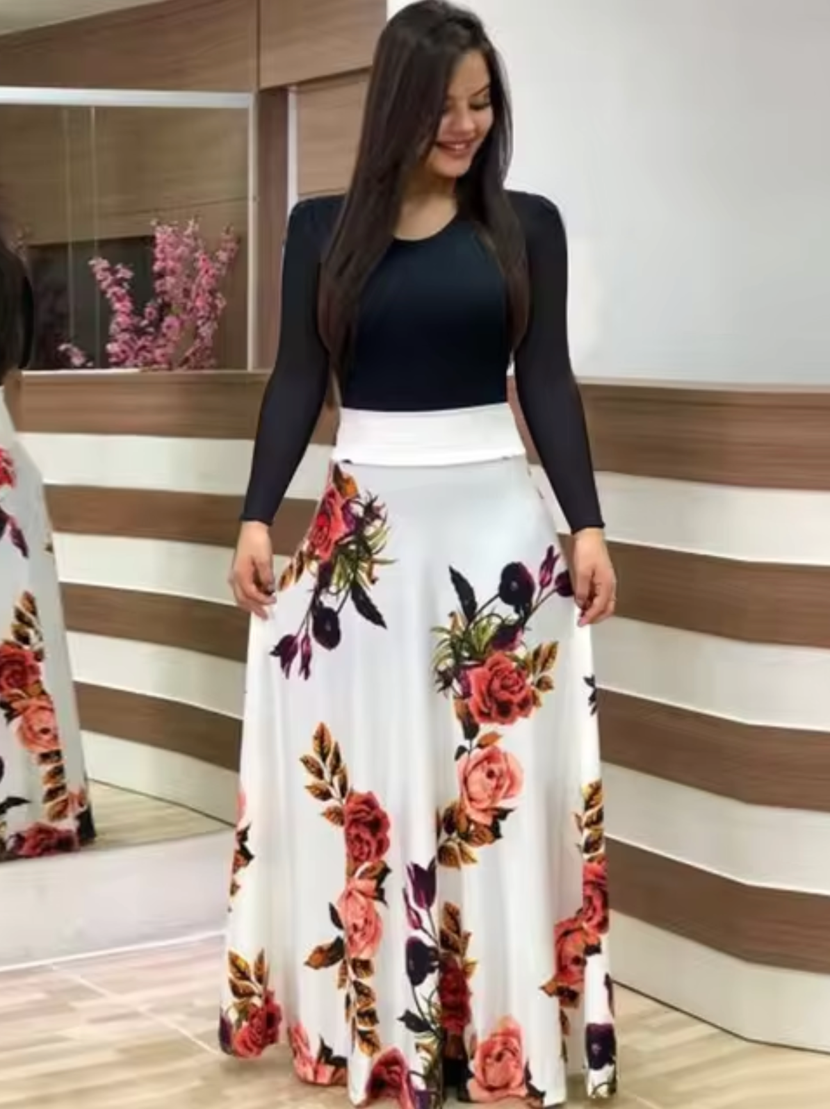 Vestido Floral Mujer Manga Larga Elegante