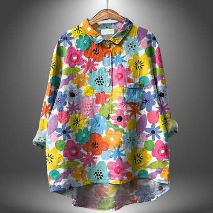Blusa suelta de mujer estampada colorida cuello redondo