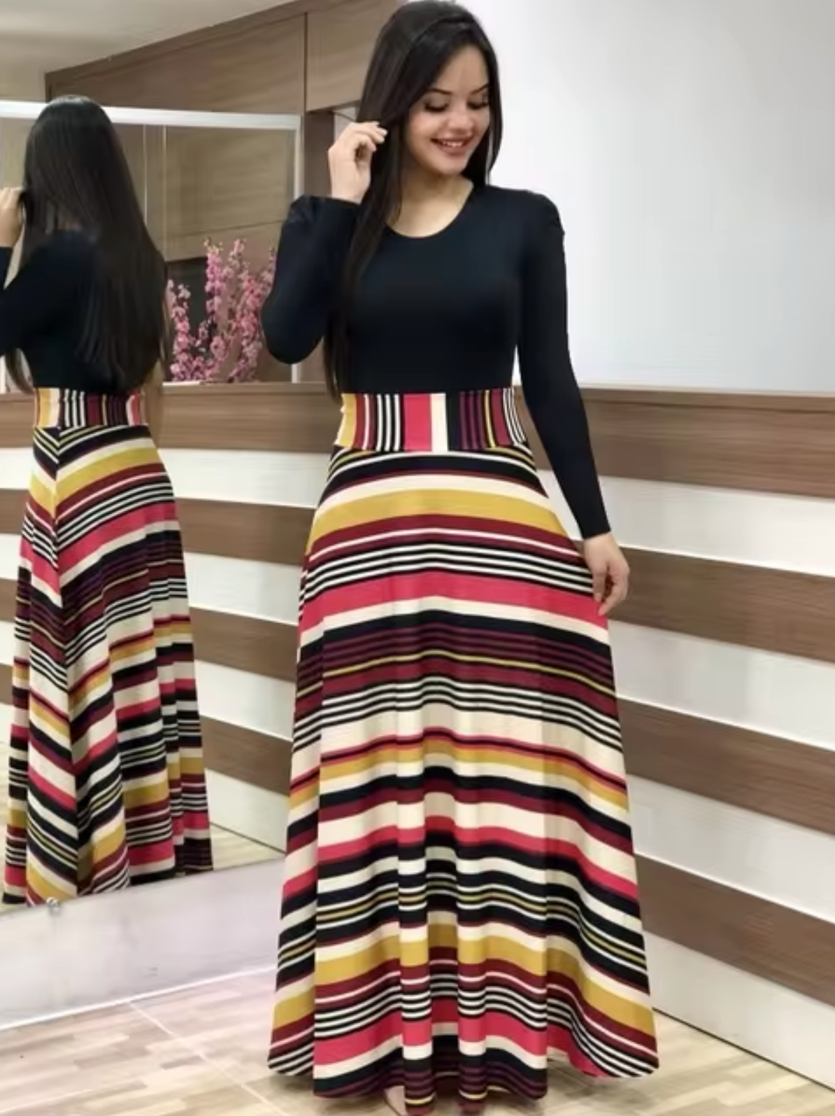 Vestido Floral Mujer Manga Larga Elegante