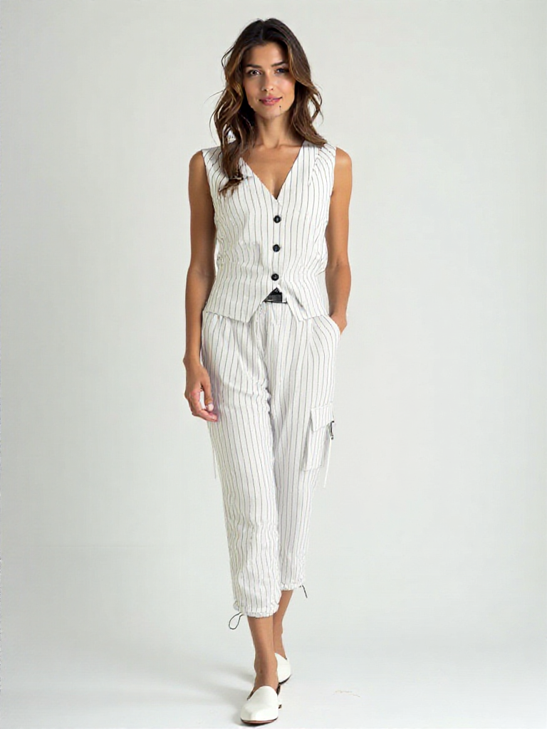Pantalón y chaleco a rayas mujer elegante - Vestiria