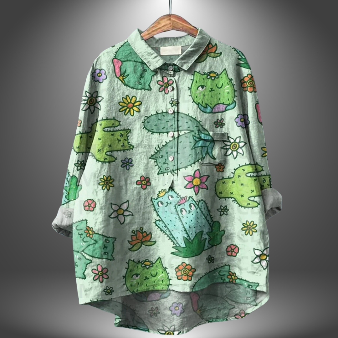 Blusa suelta de mujer estampada colorida cuello redondo