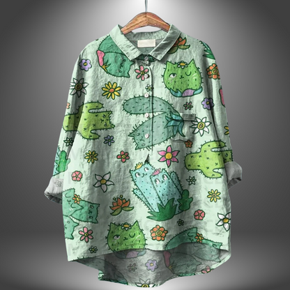 Blusa suelta de mujer estampada colorida cuello redondo