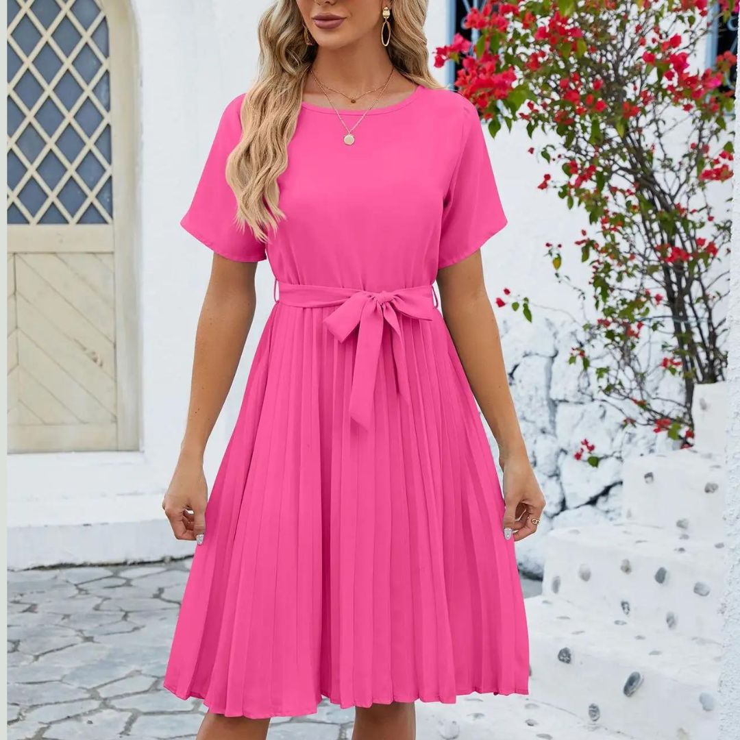 Vestido Midi Elegante Plisado con Cinturón Floral