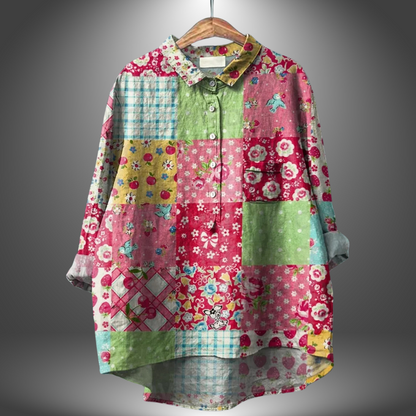 Blusa suelta de mujer estampada colorida cuello redondo