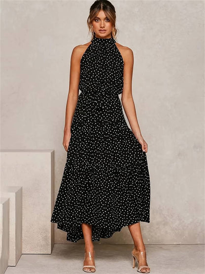 Vestido sin mangas Escote Redondo con Estampado de Lunares