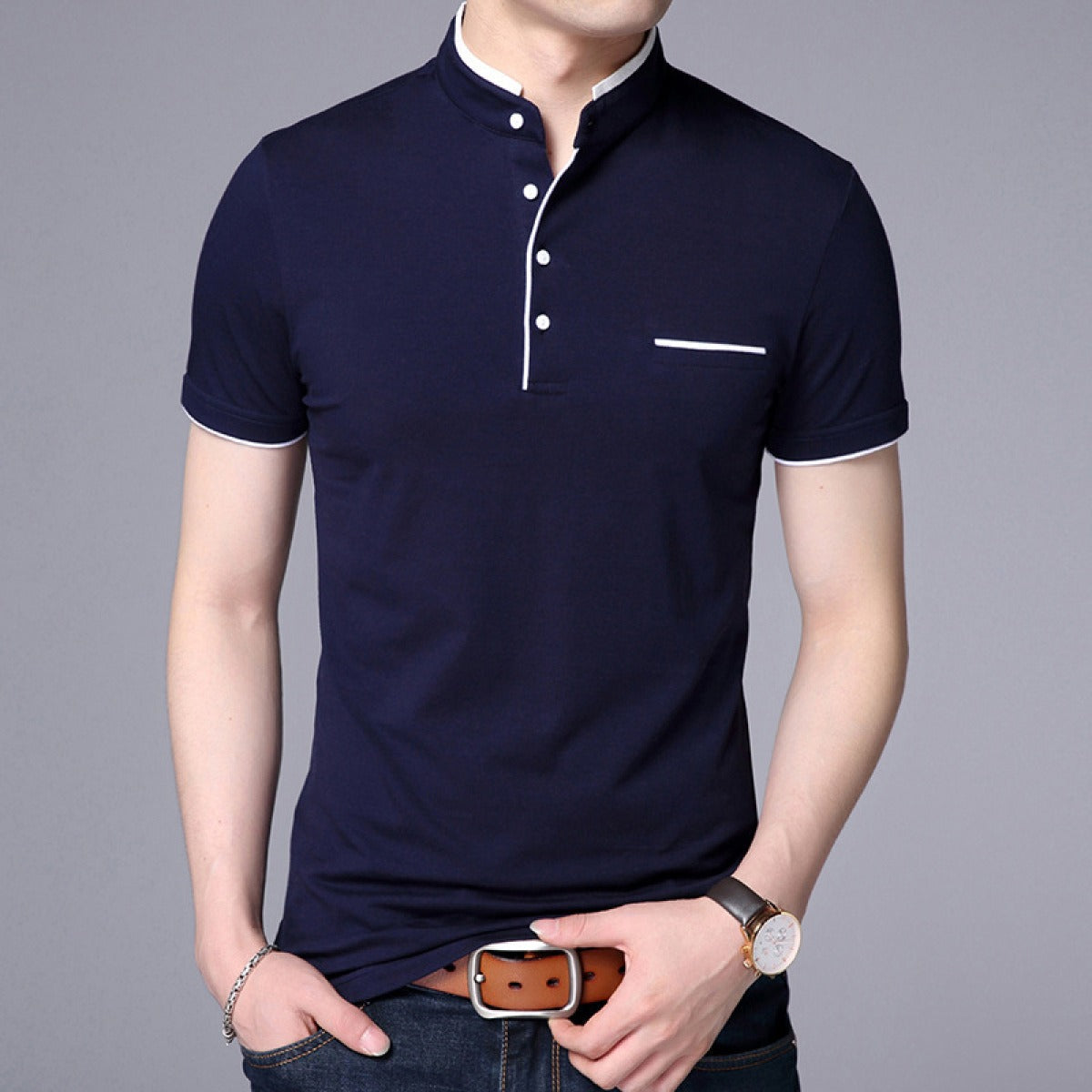 Polo manga corta hombre algodón cuello Mao casual