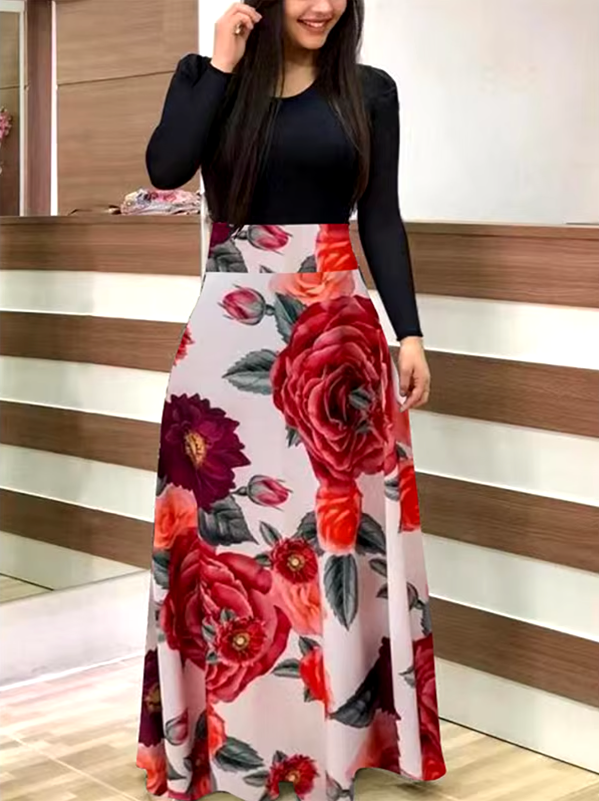 Vestido Floral Mujer Manga Larga Elegante