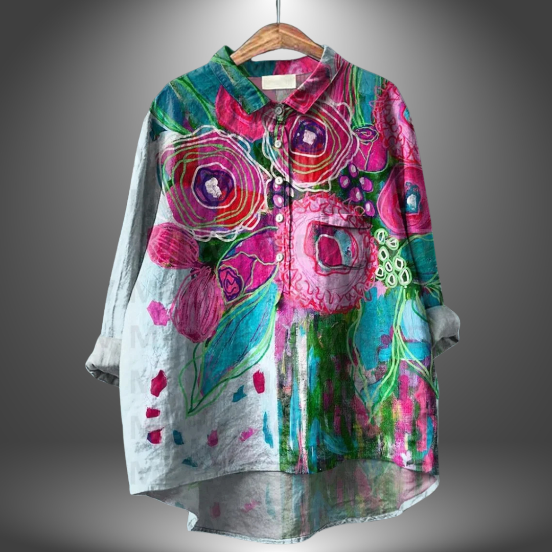 Blusa suelta de mujer estampada colorida cuello redondo