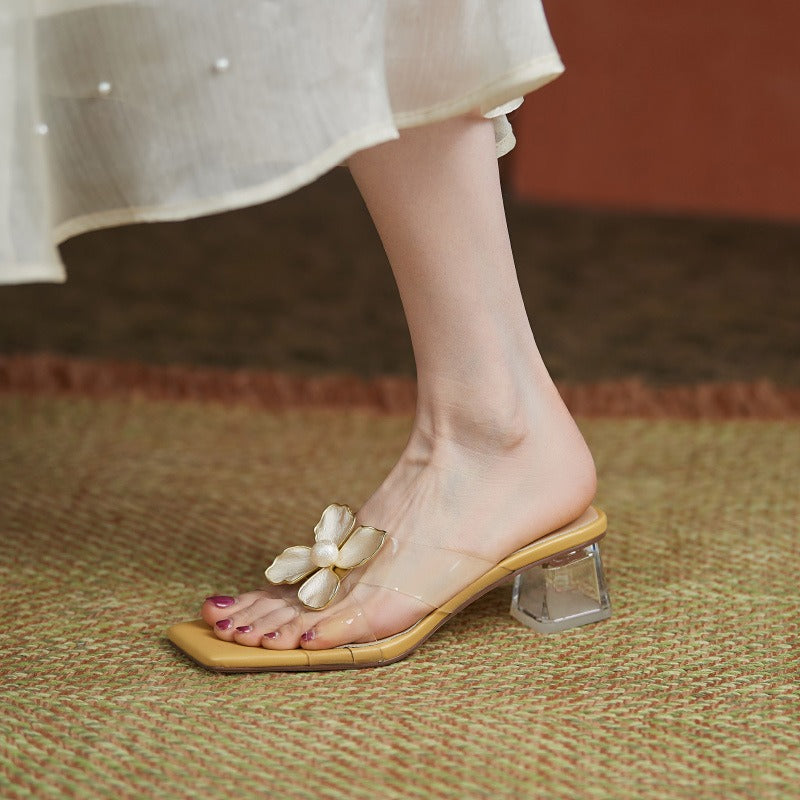 Sandalias Mujer Florales de Moda con Perlas Doradas - Vestiria