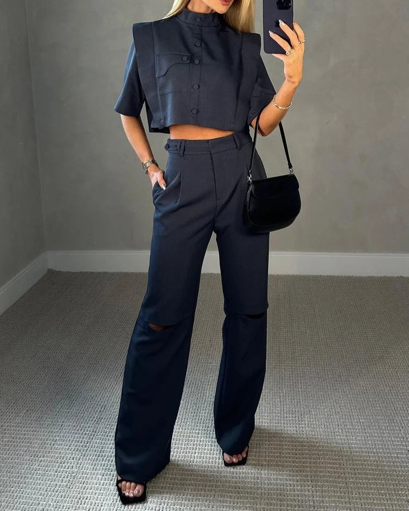 Blusa Corta y Pantalones de Cintura Alta Mujer