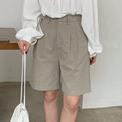 Pantalones cortos mujer lino rectos cintura alta Beige