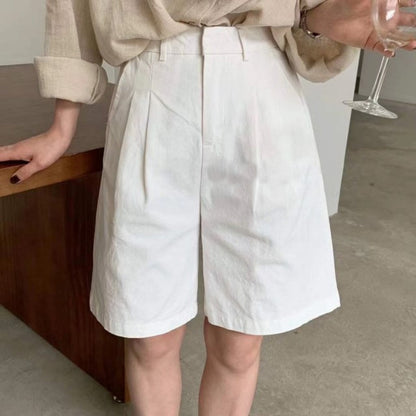 Pantalones cortos mujer lino rectos cintura alta Beige - Vestiria