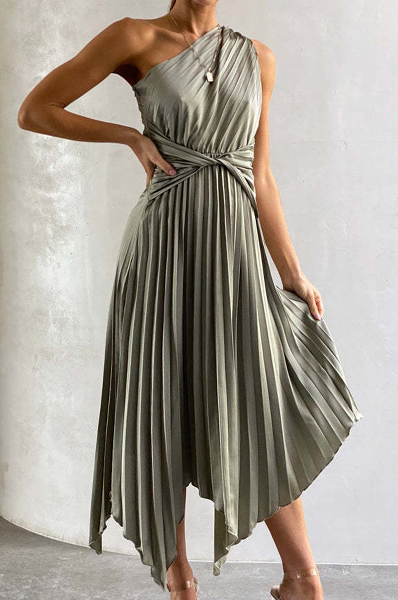 Vestido Midi Plisado Asimétrico Elegante