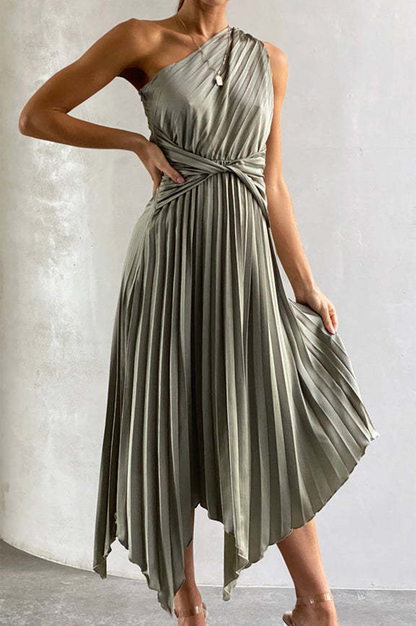 Vestido Midi Plisado Asimétrico Elegante
