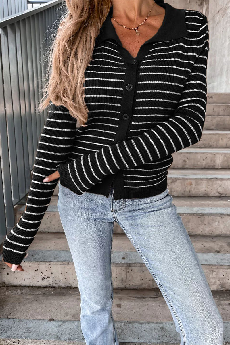 Blusa de manga larga a rayas con cuello polo