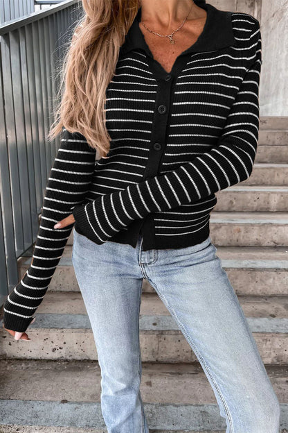 Blusa de manga larga a rayas con cuello polo