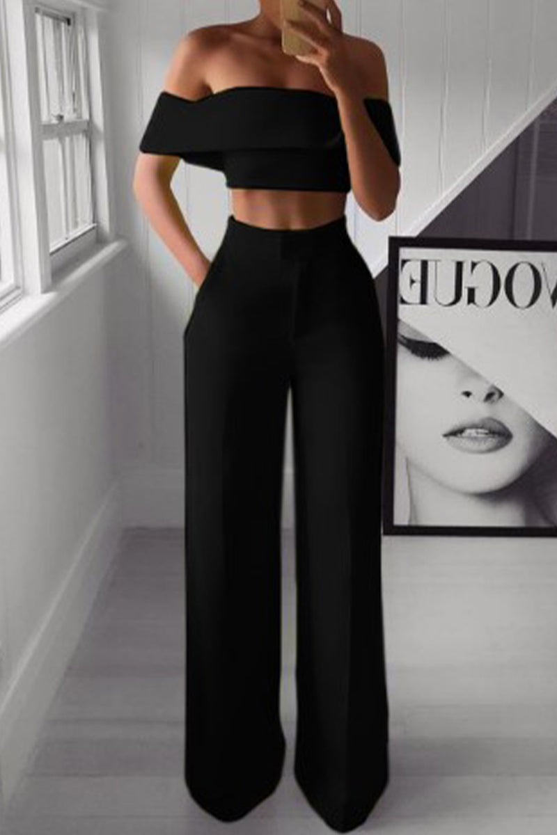 Conjunto de verano sin hombros y pantalón alto elegante - Vestiria