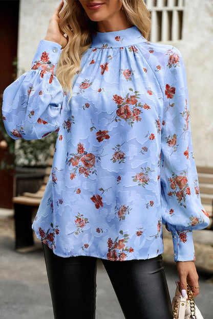 Blusa Floral Elegante Manga Larga Cuello Alto