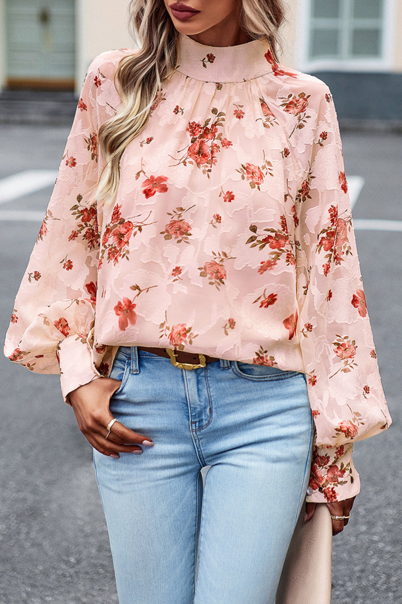 Blusa Floral Elegante Manga Larga Cuello Alto - Vestiria