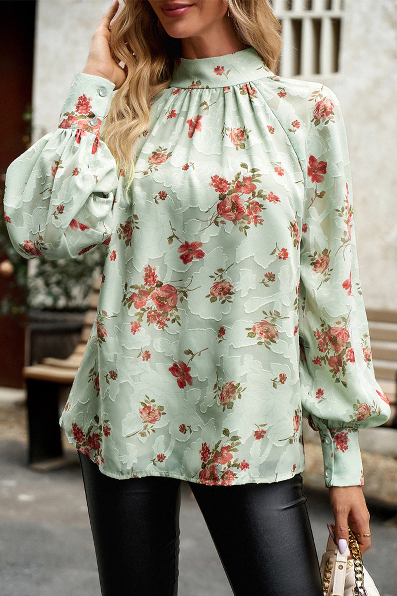 Blusa Floral Elegante Manga Larga Cuello Alto