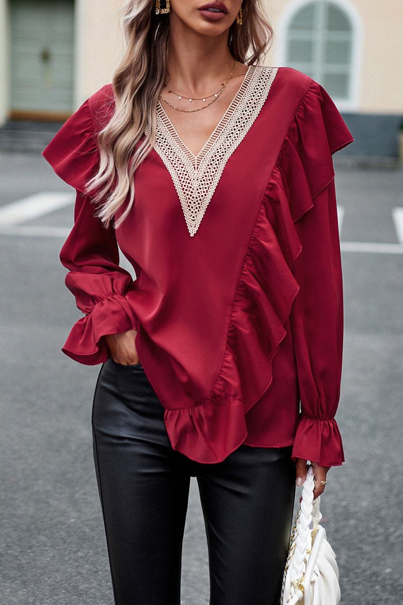Blusa Femenina Volante Cuello en V Manga Larga