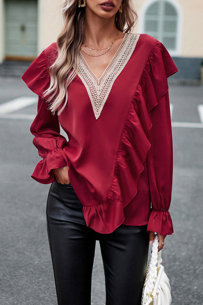 Blusa Femenina Volante Cuello en V Manga Larga