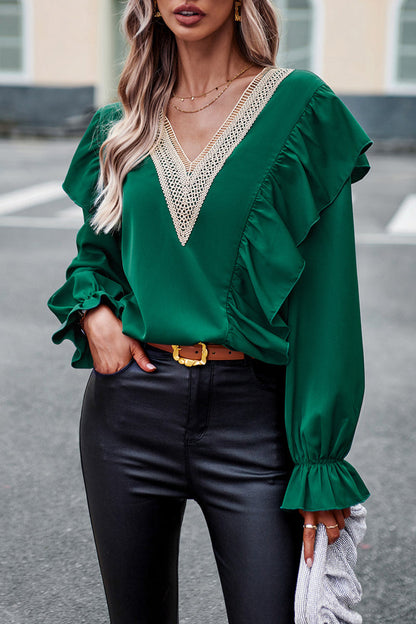 Blusa Femenina Volante Cuello en V Manga Larga