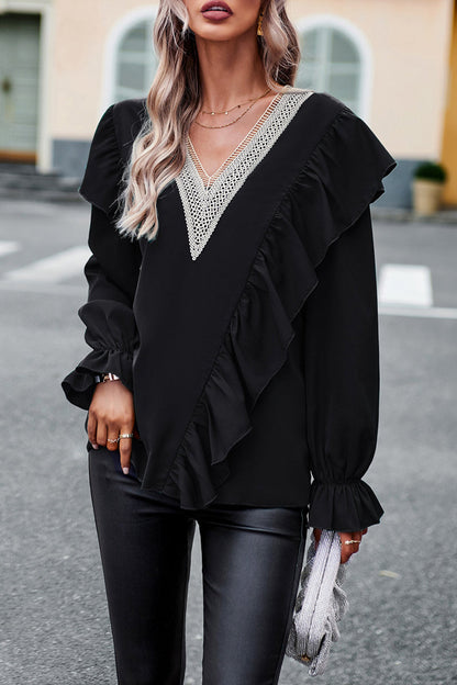 Blusa Femenina Volante Cuello en V Manga Larga