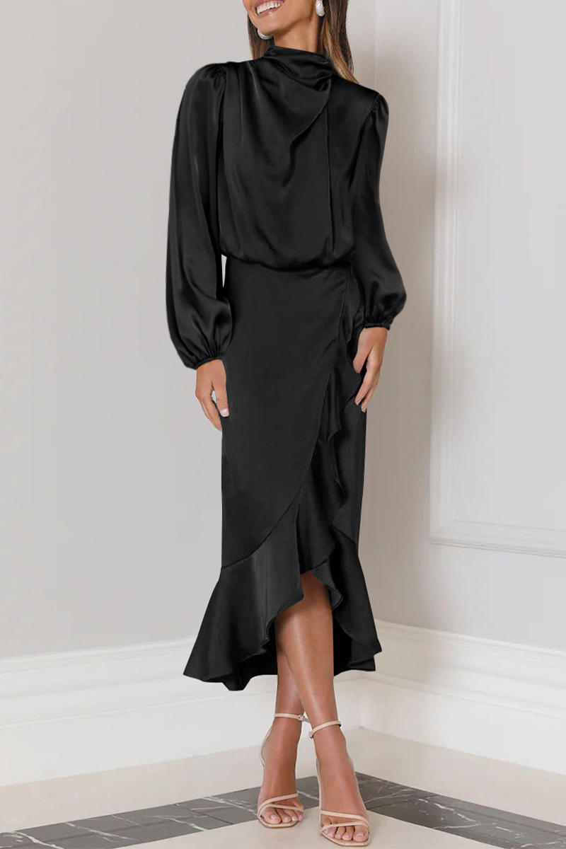 Vestido Midi Elegante con Volantes y Cuello Alto - Vestiria