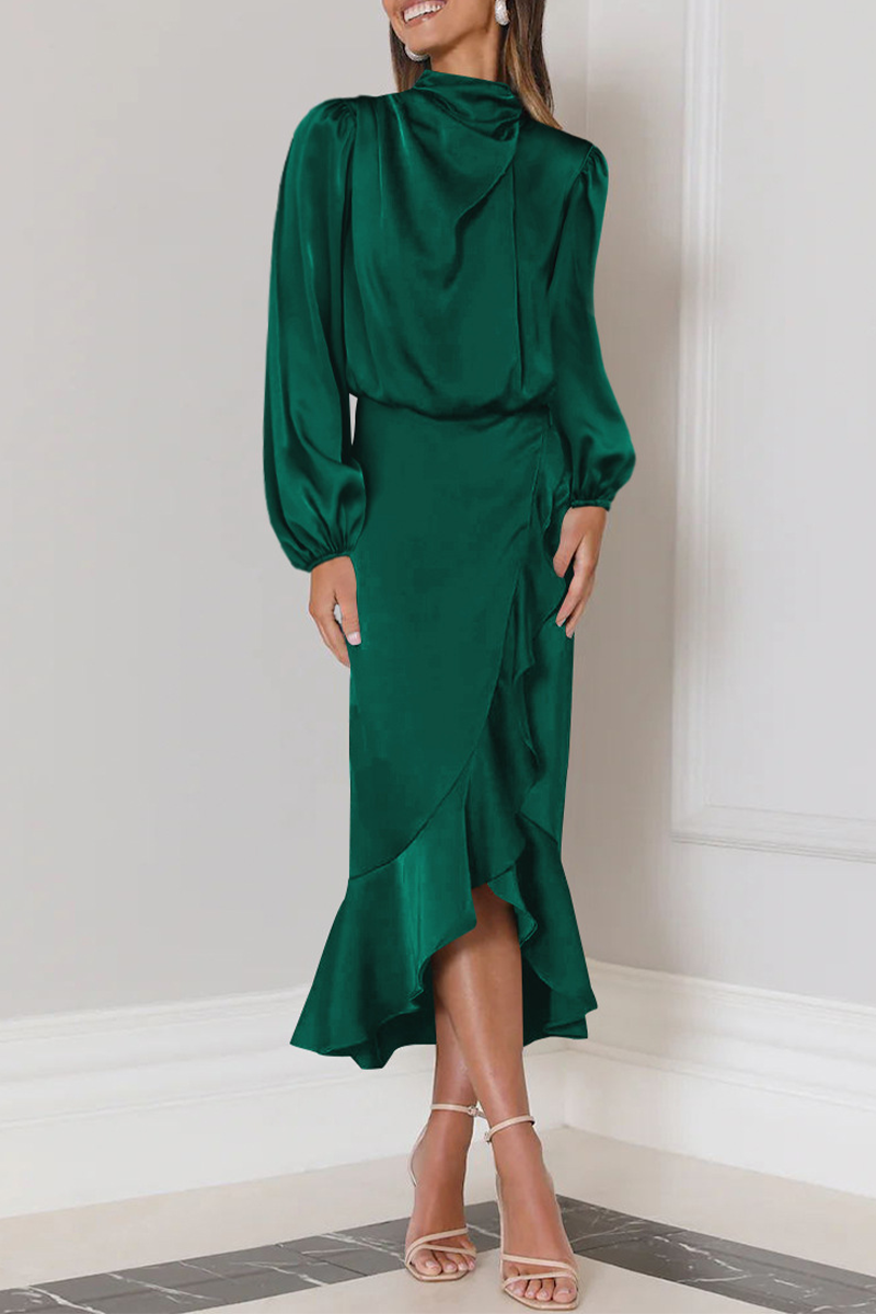Vestido Midi Elegante con Volantes y Cuello Alto