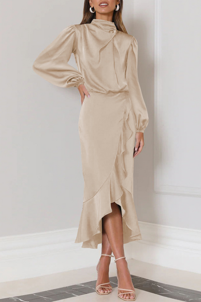 Vestido Midi Elegante con Volantes y Cuello Alto