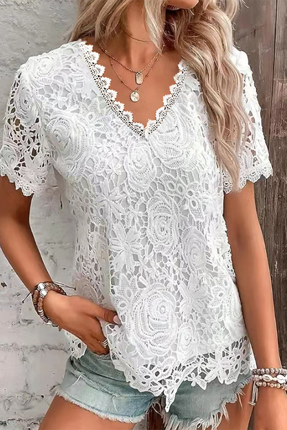 Blusa de Encaje Floral Elegante Cuello V - Vestiria