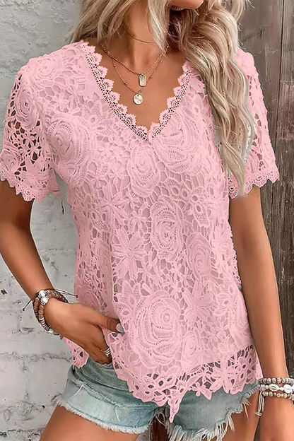Blusa de Encaje Floral Elegante Cuello V