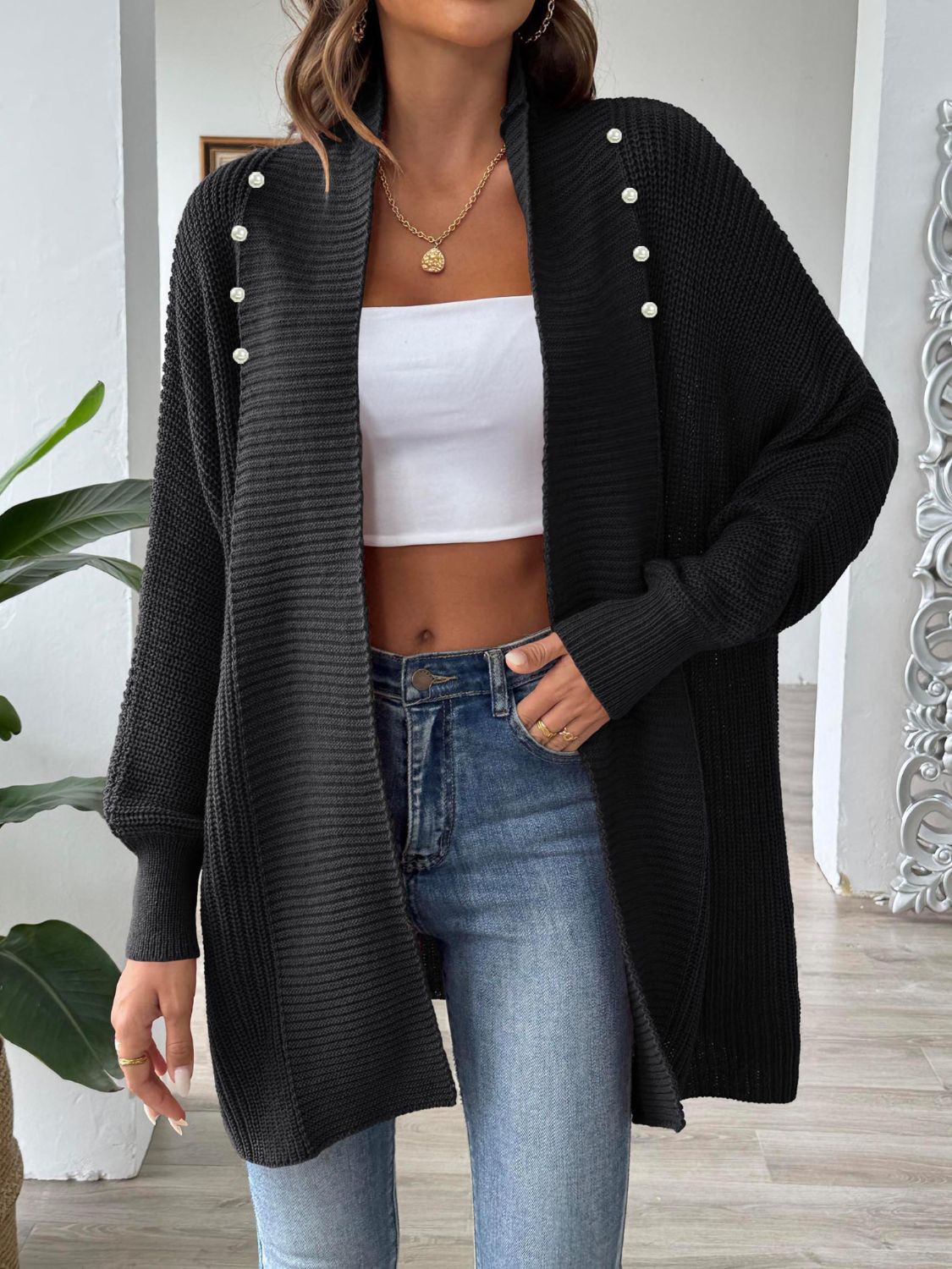 Chaqueta de punto amplia y elegante, manga larga