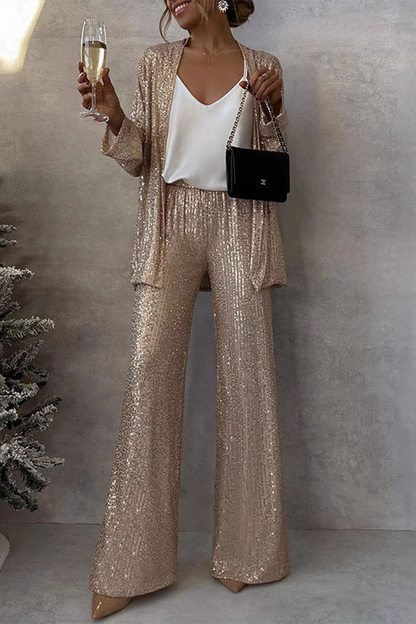 Conjunto Lentejuelas Glamuroso Chaqueta Abierta y Pantalón Ancho - Vestiria