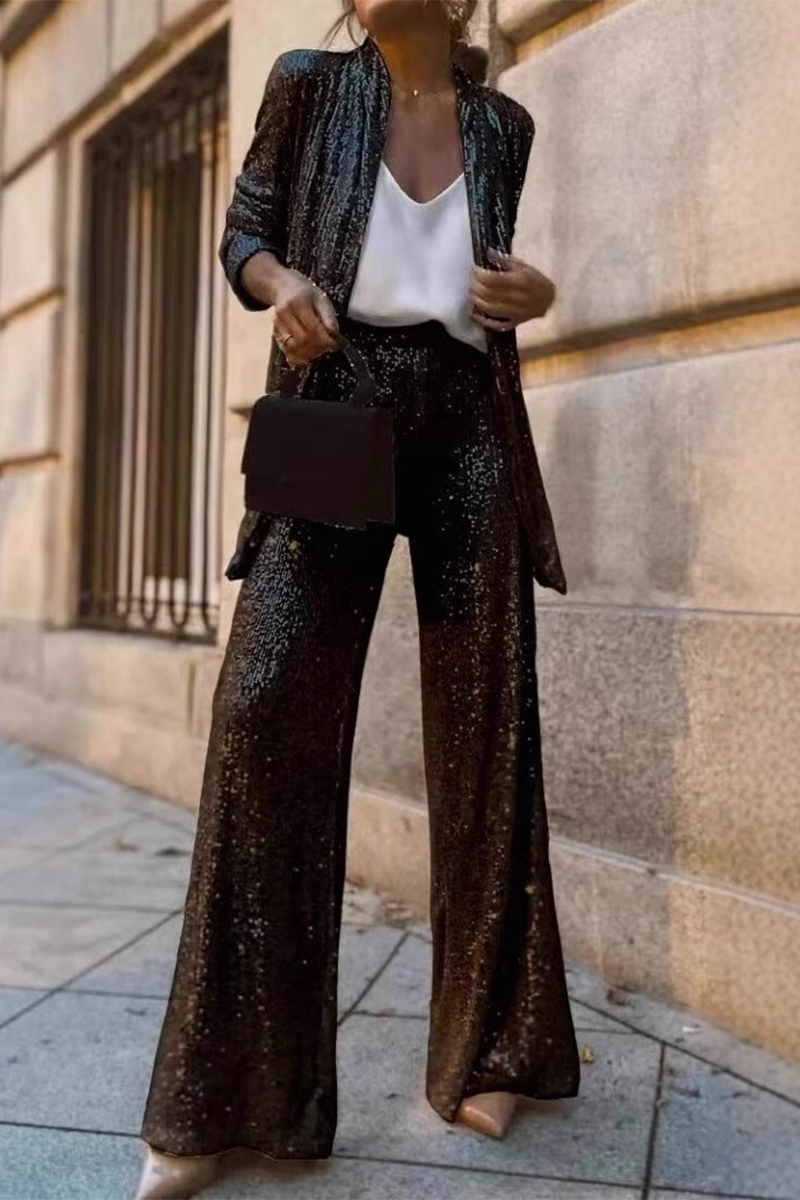 Conjunto Lentejuelas Glamuroso Chaqueta Abierta y Pantalón Ancho