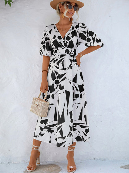 Vestido Estampado Geométrico Cuello en V Elegante