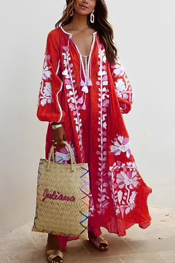 Vestido Maxi Floral Con Mangas Largas - Vestiria