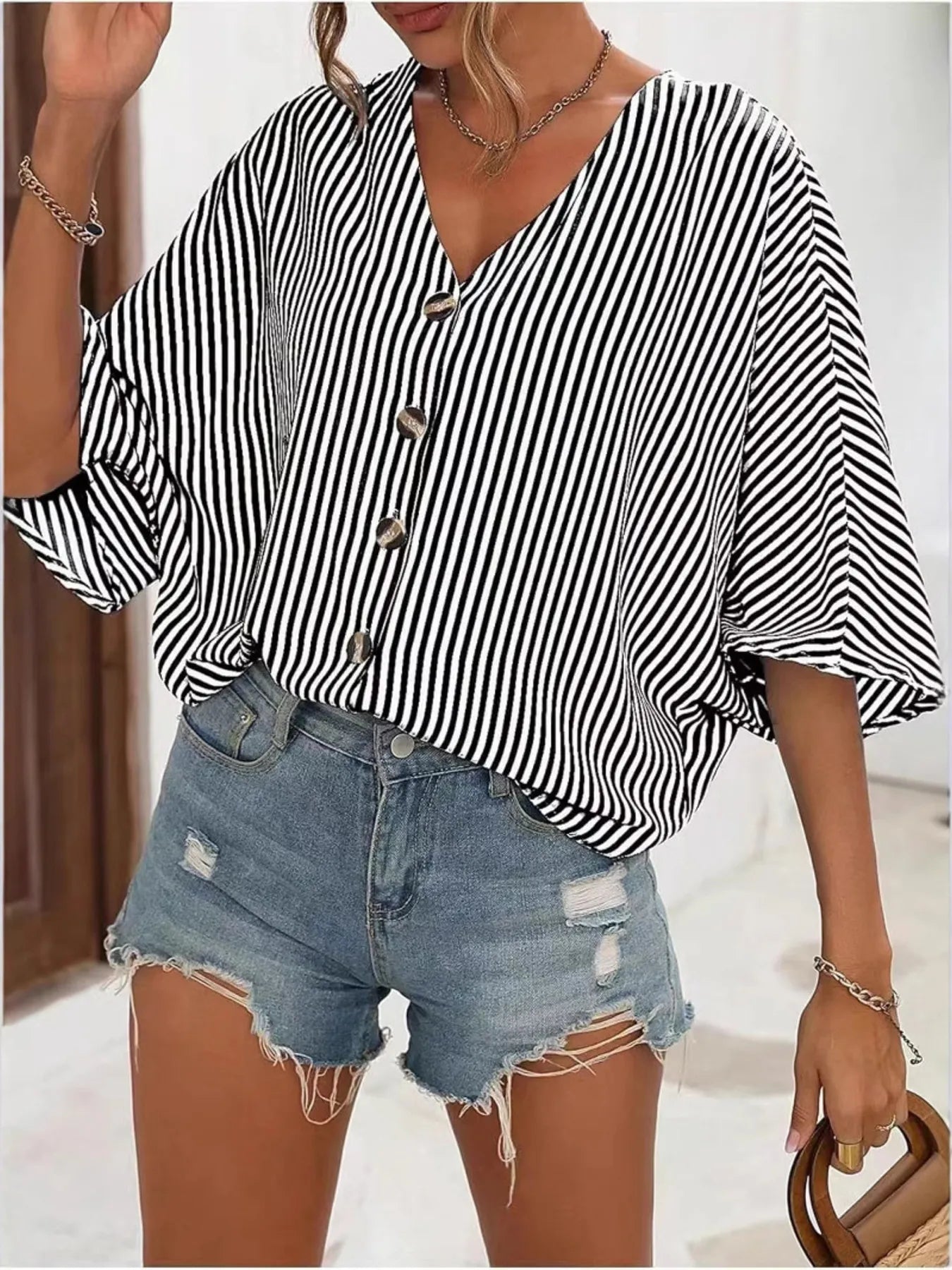 Camisa Rayas Cuello en V Moda - Vestiria