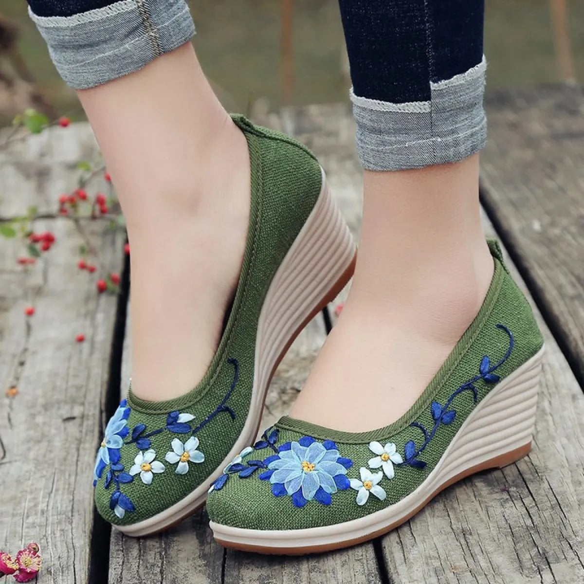 Zapatos de tacón plataforma floral elegantes mujer